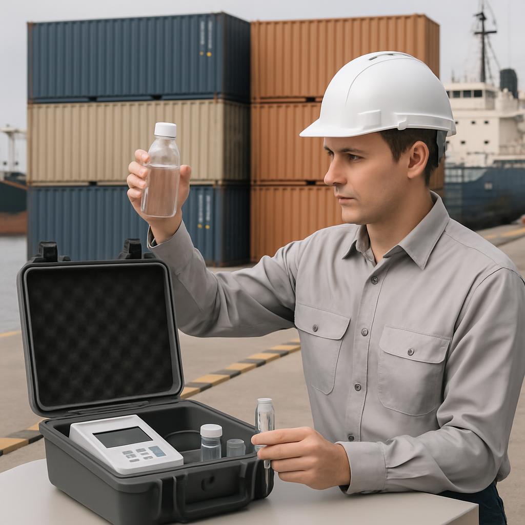 Side view of a man sitting at an outdoor table, addressing a stackable container beside a ship's railroad track and cadast...