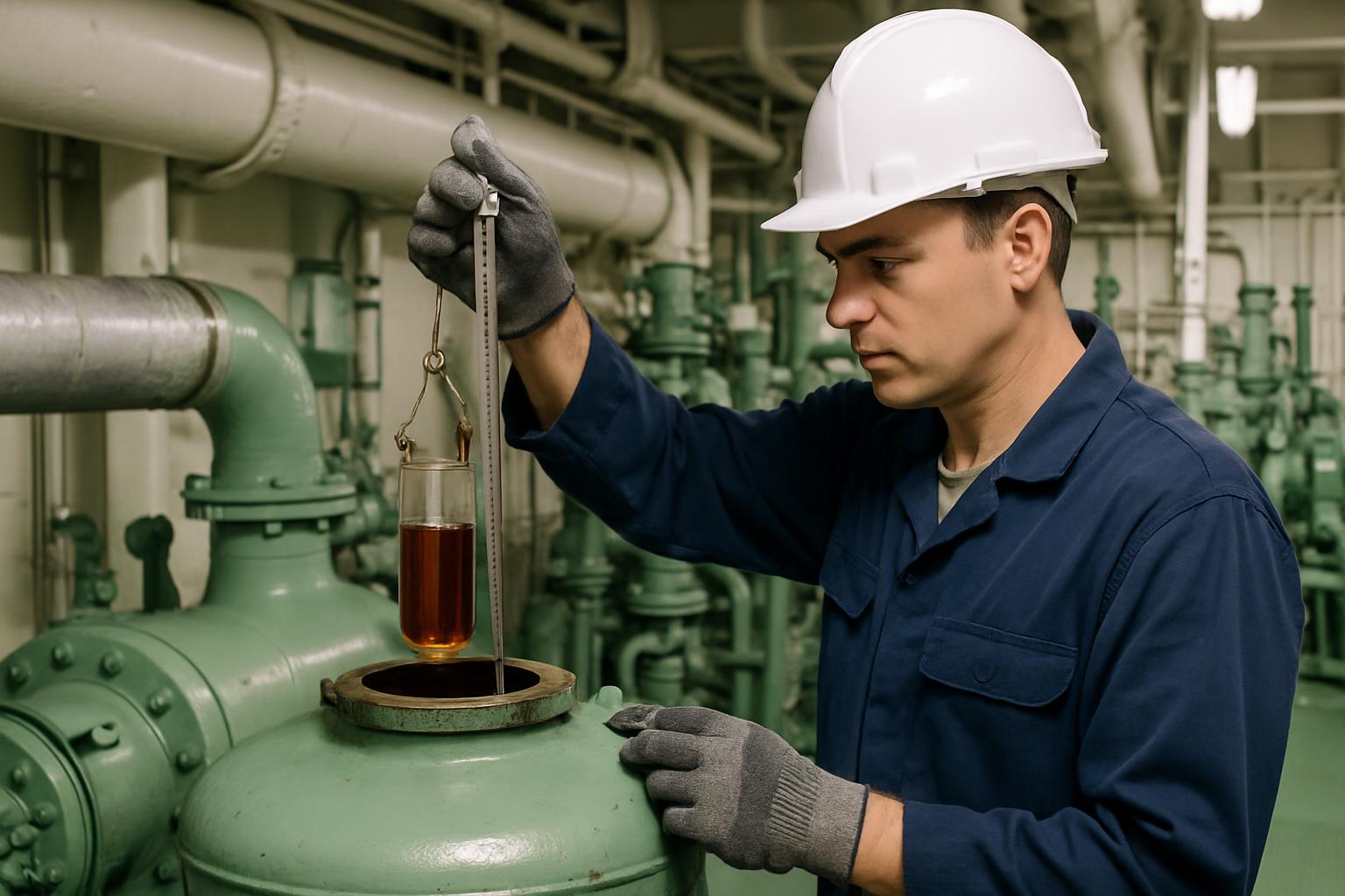 A man in a blue jumpsuit and white hard hat stands in an industrial setting, holding a glass cylinder with amber liquid be...